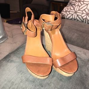 Brown cork sandal wedges